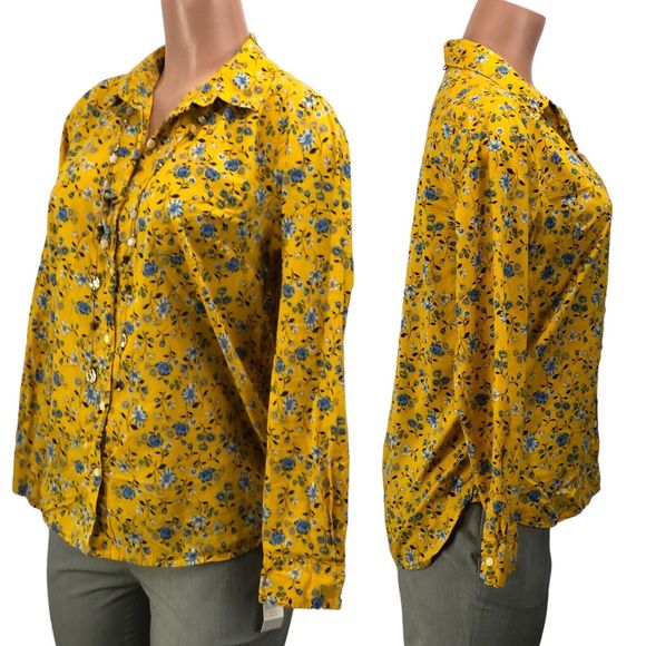 Old Navy Casual Women Flowers Shirt Size M Yellow Blue Long Sleeve Butt… - Picture 7 of 11